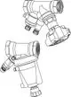 IMI Hydronic Engineering Regelarmatur mit zwei Verbindungsteilen, die für die Regulierung von Durchfluss und Druck geeignet ist. Detaillierte technische Zeichnung, zeigt verschiedene Elemente der Einheit.